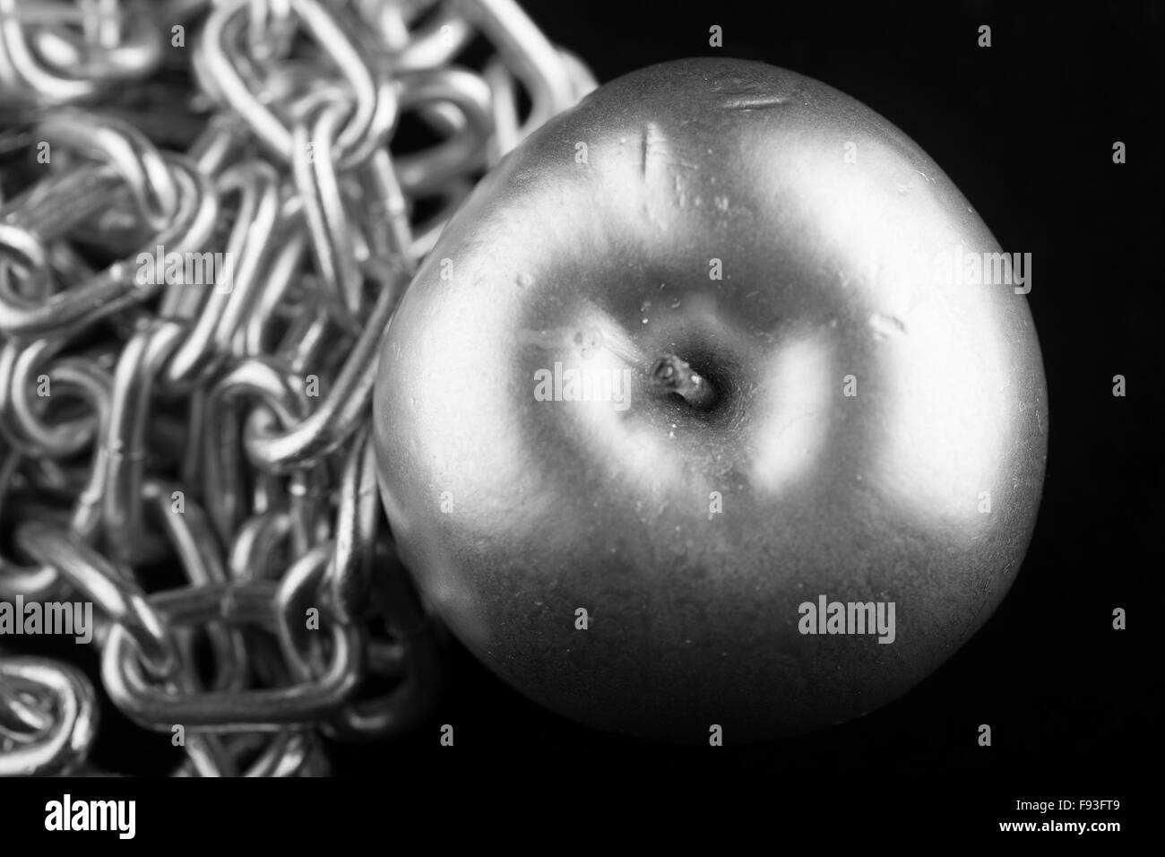 metallisches Silber farbige Apfel und Kette Closeup auf schwarzem Hintergrund Stockfoto