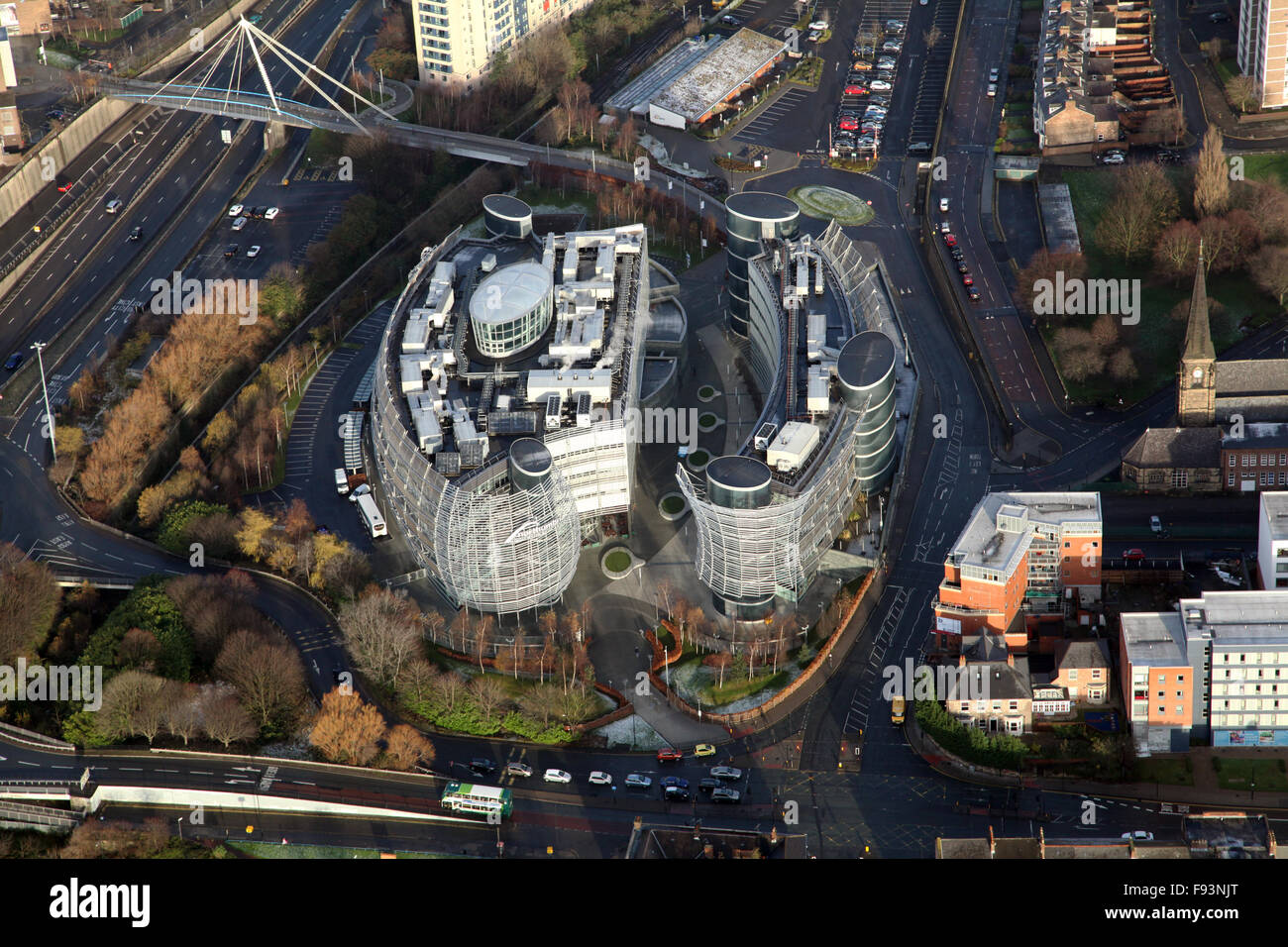 Luftaufnahme von Northumbria University City Campus Ost, Newcastle Upon Tyne, Großbritannien Stockfoto