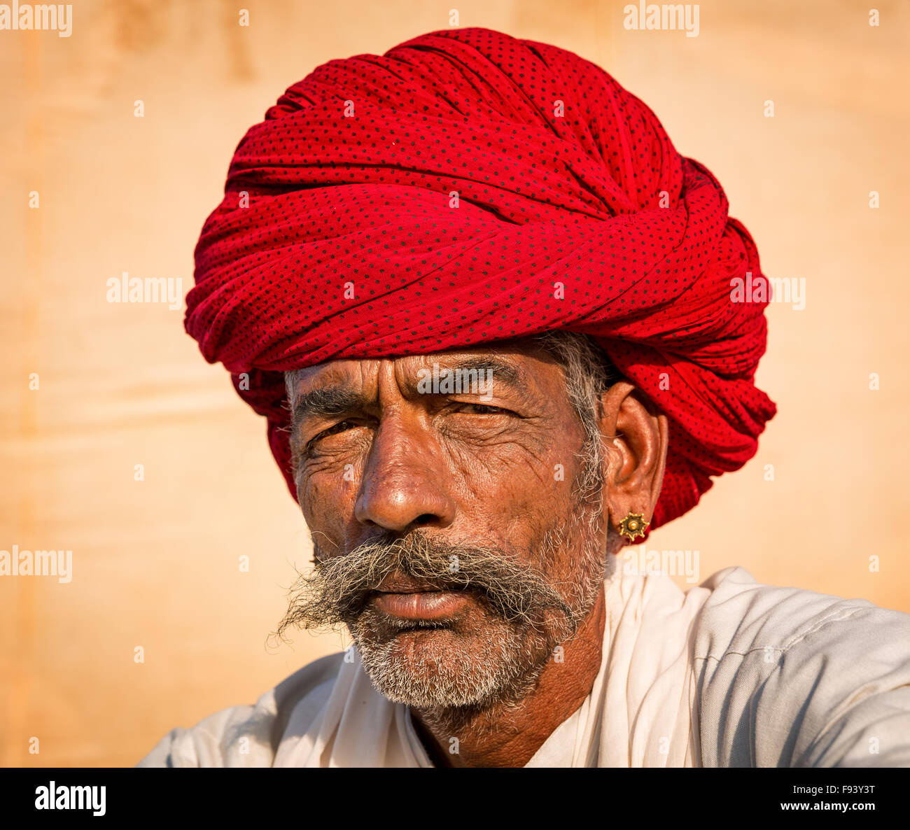 Porträt von einem senior Rajasthani und mit einem roten Turban, Pushkar, Rajasthan, Indien Stockfoto