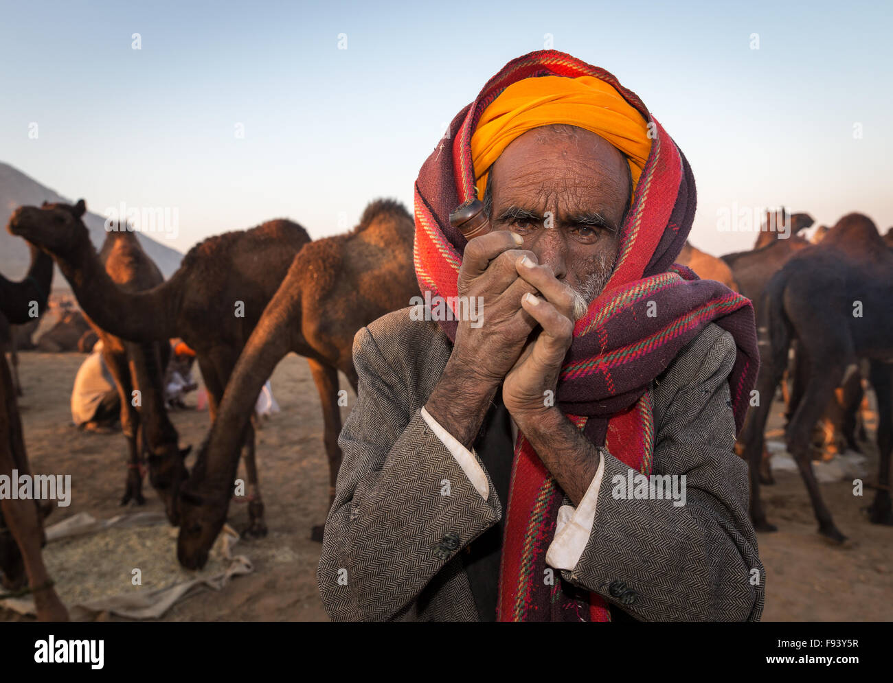 Ältere Rajasthani Mann mit einem Turban Rauchen ein Hash pipe, Pushkar, Rajasthan, Indien Stockfoto