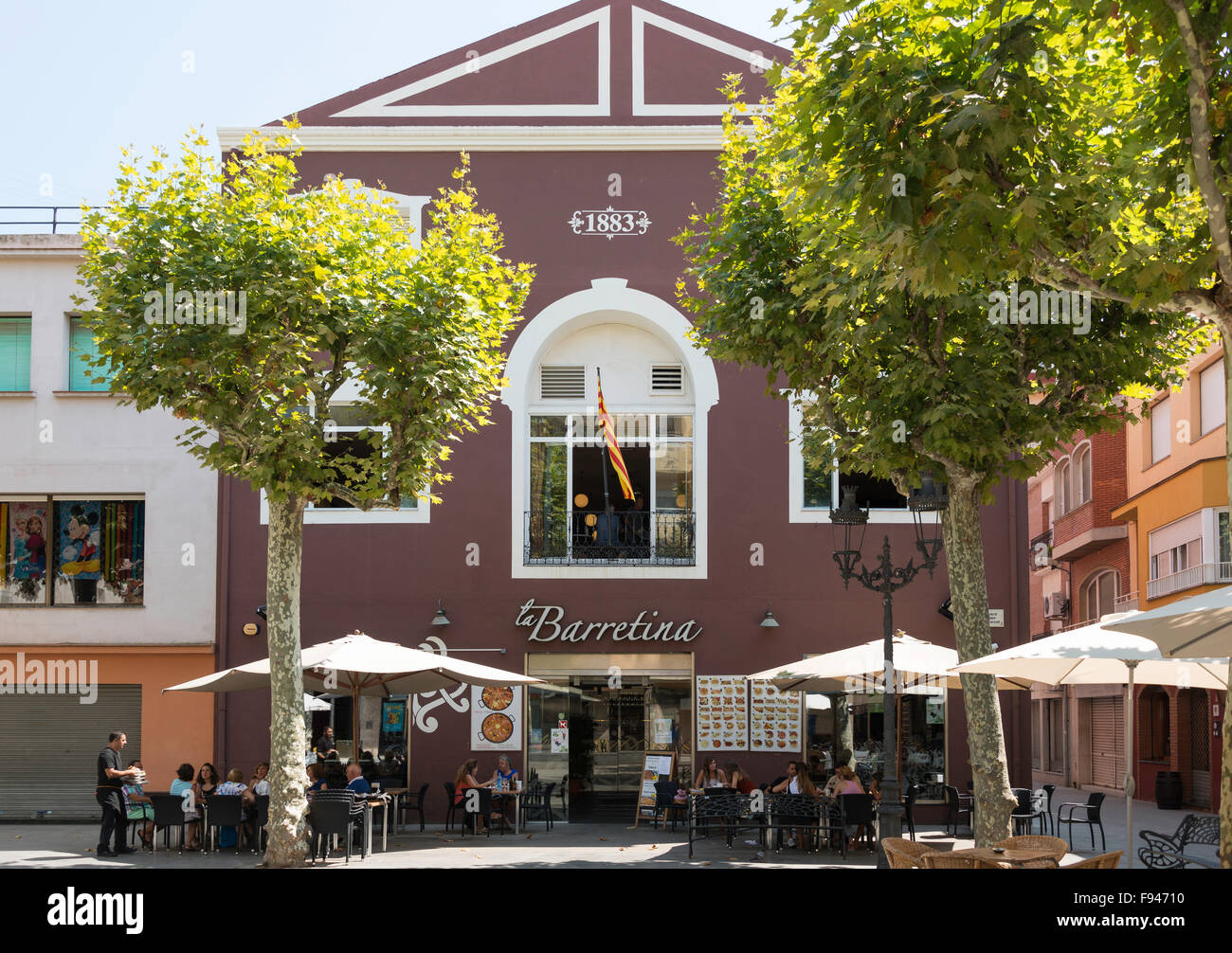 Restaurant La Barretina, Plaça de Josep Anselm Clavé, Malgrat de Mar, Costa del Maresme, Provinz Barcelona, Katalonien, Spanien Stockfoto