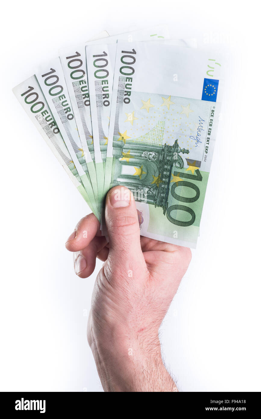 Hand zeigen oder geben Geld auf weißem Hintergrund Stockfoto