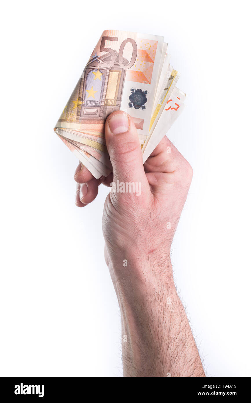 Hand zeigen oder geben Geld auf weißem Hintergrund Stockfoto