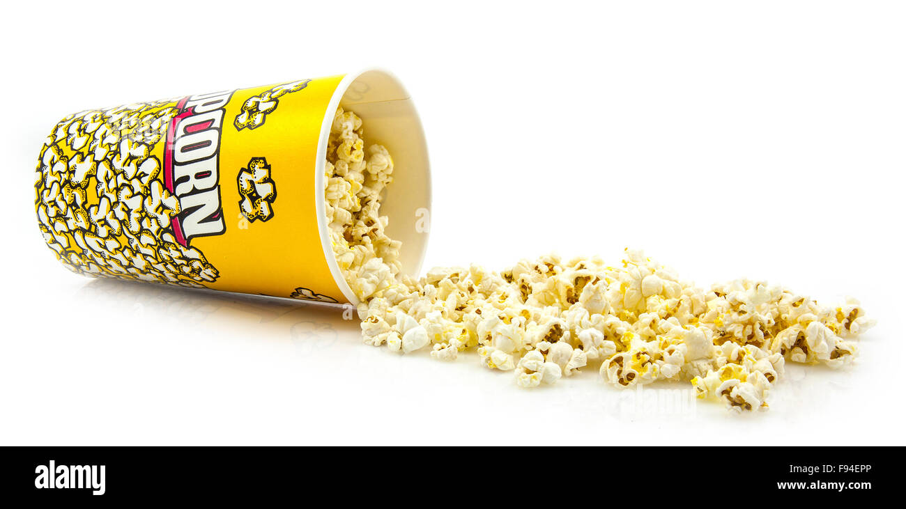 Klassische Box Theater Popcorn isoliert auf weiss Stockfoto