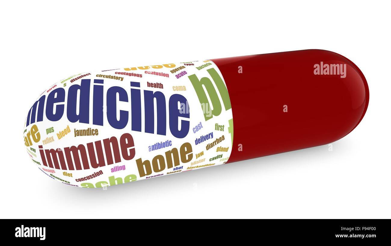 Riesigen Pille mit medizinischen Begriffen Wortwolke Stockfoto