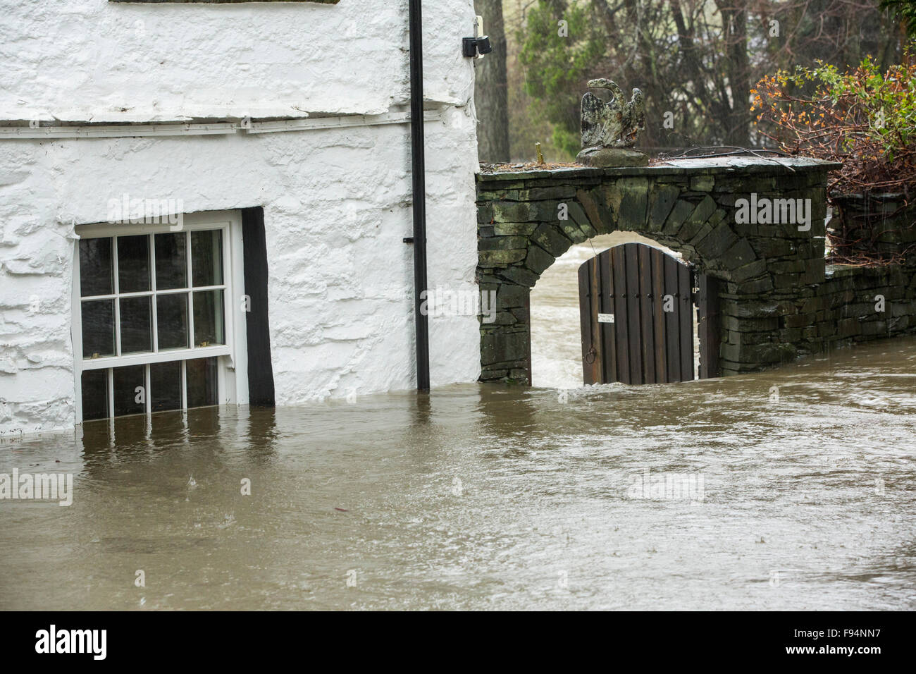 Ein Haus, umgeben von Hochwasser am Ufer des Flusses Rothay in Ambleside, im Lake District am Samstag den 5. Dezember Stockfoto