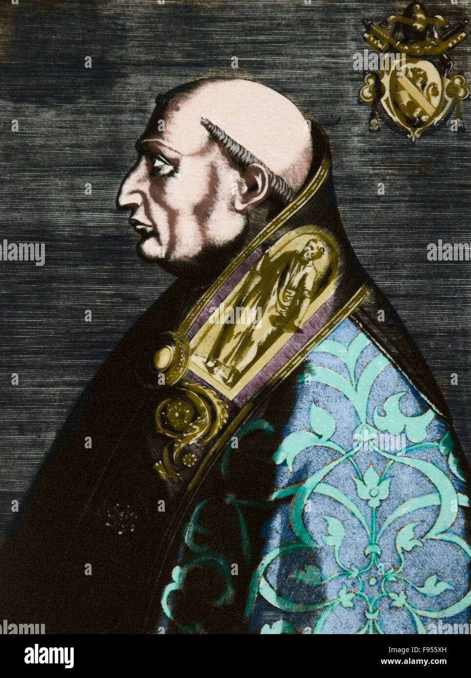 Papst Paul II. (1417-1471). Geboren Pietro Barbo. Papst von 1464-1471. Porträt. Gravur. Farbige. Stockfoto