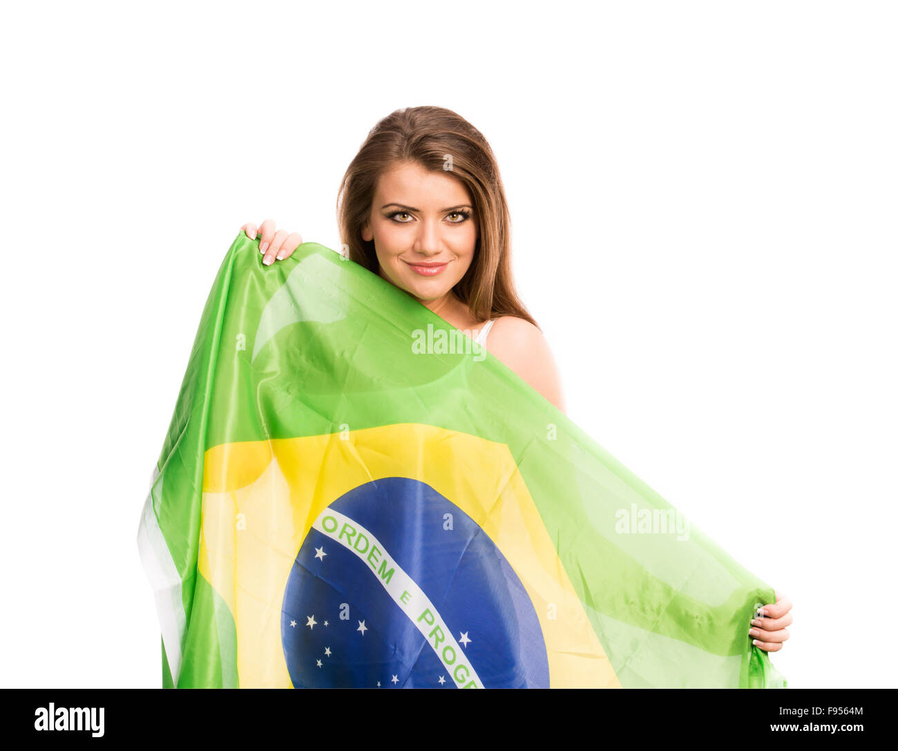 Schöne weibliche Sportfan mit brasilianischen Flagge isoliert auf weißem Hintergrund Stockfoto