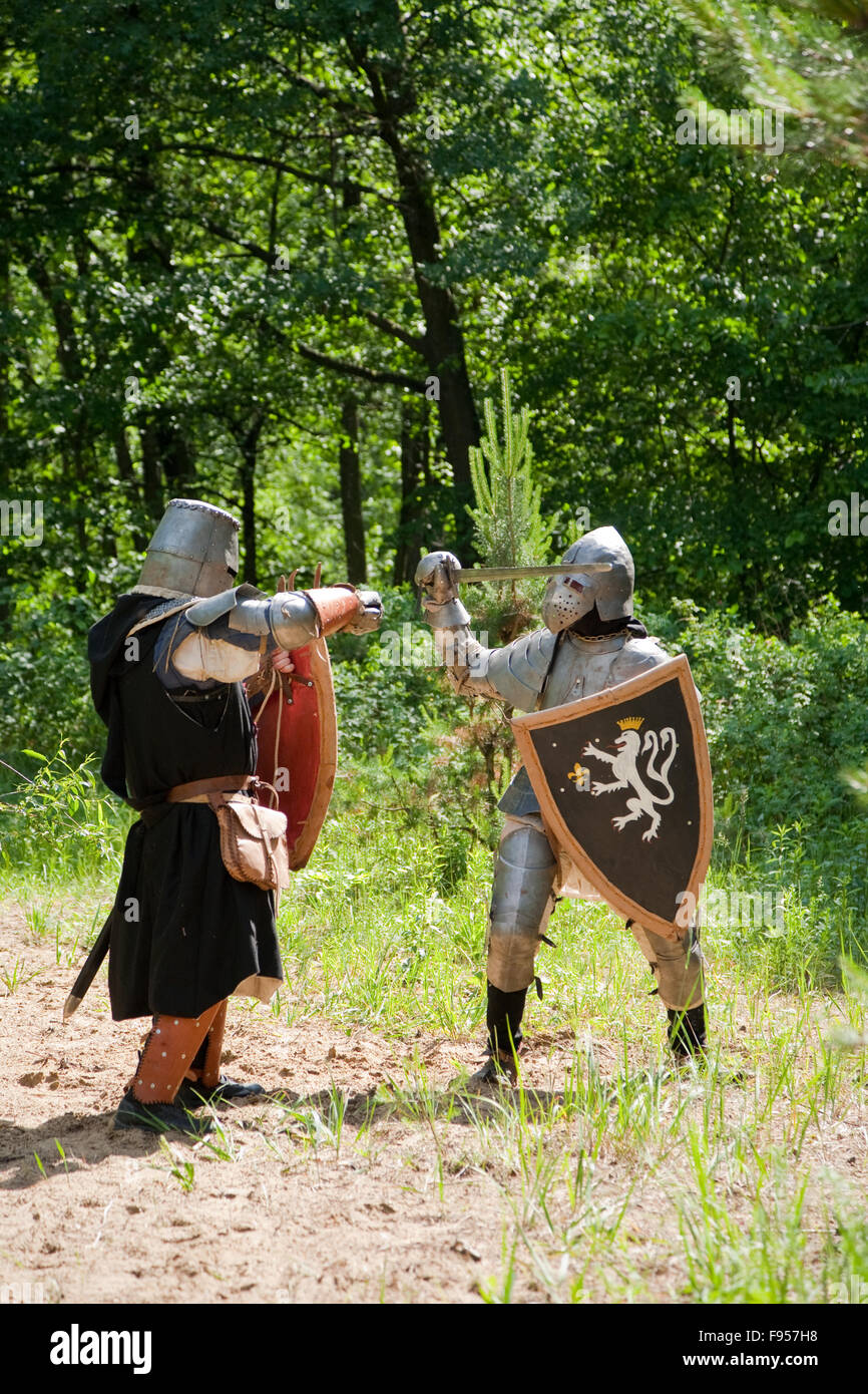 Zwei Ritter in Rüstung kämpft am Wald Stockfoto