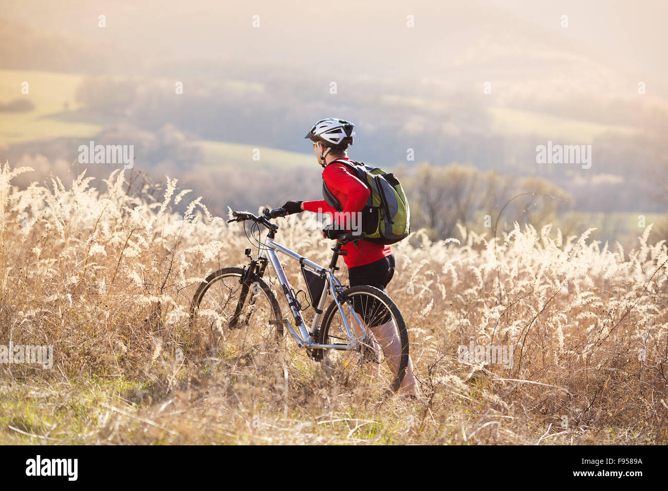 Junger Mann nimmt sich eine Auszeit in einem Feld beim Mountainbiken Stockfoto