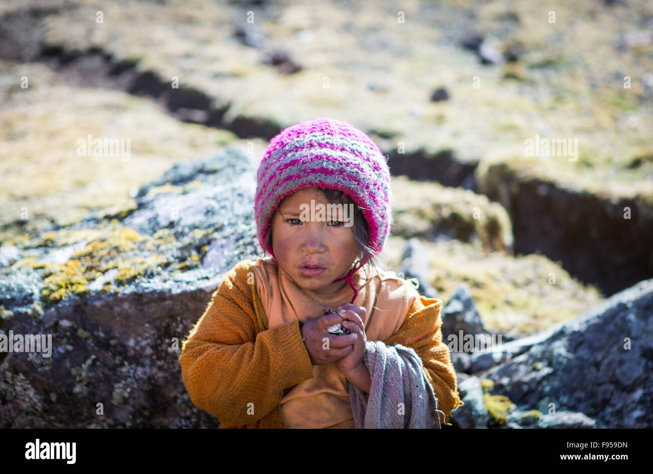 Die Lares Bezirk von Peru. Ein junges Mädchen traf der Fotograf auf einen Lares trek Stockfoto
