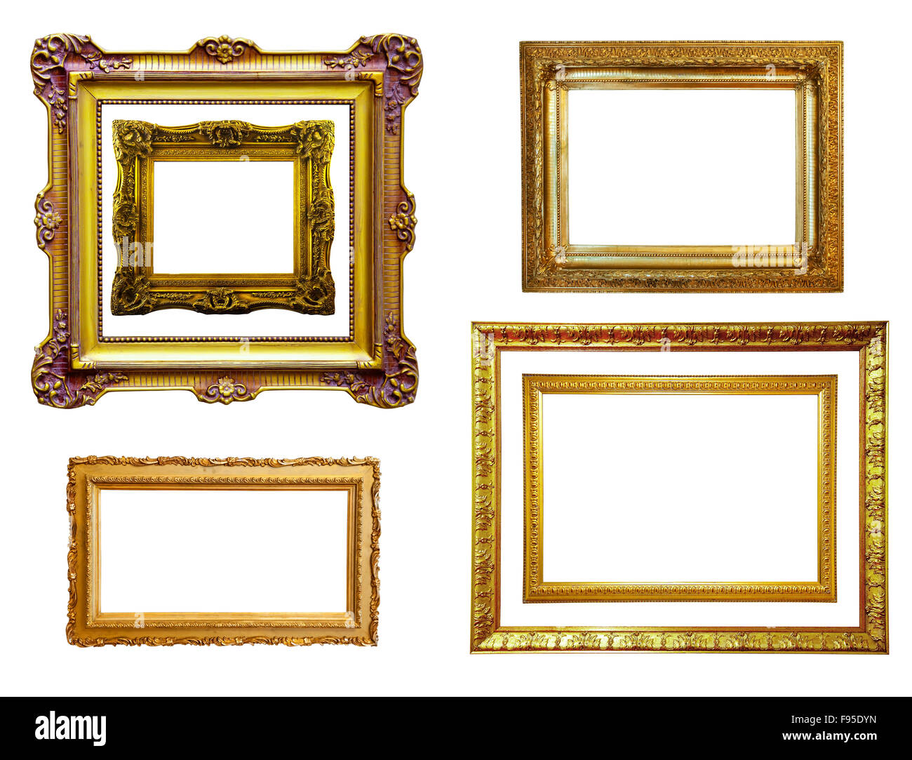 Satz von wenigen Luxus vergoldeten Rahmen. Isoliert auf weißem Hintergrund mit Beschneidungspfad Stockfoto