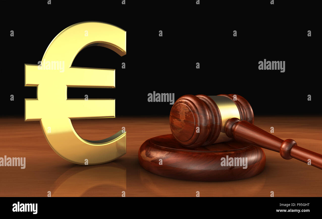 Kosten der Justiz in EU-Konzept mit Gesetz, Rechtsanwalt und Euro-Symbol und Symbol und ein Richterhammer auf einem hölzernen Desktop. Stockfoto