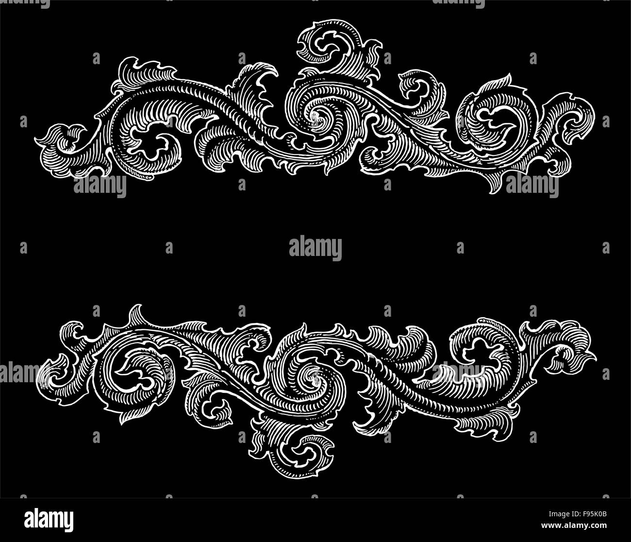 Schöne barocke Stil weiße dekorative Kalligrafie florale Vektor Ornament auf schwarz. Vintage Logo Titel Stockfoto