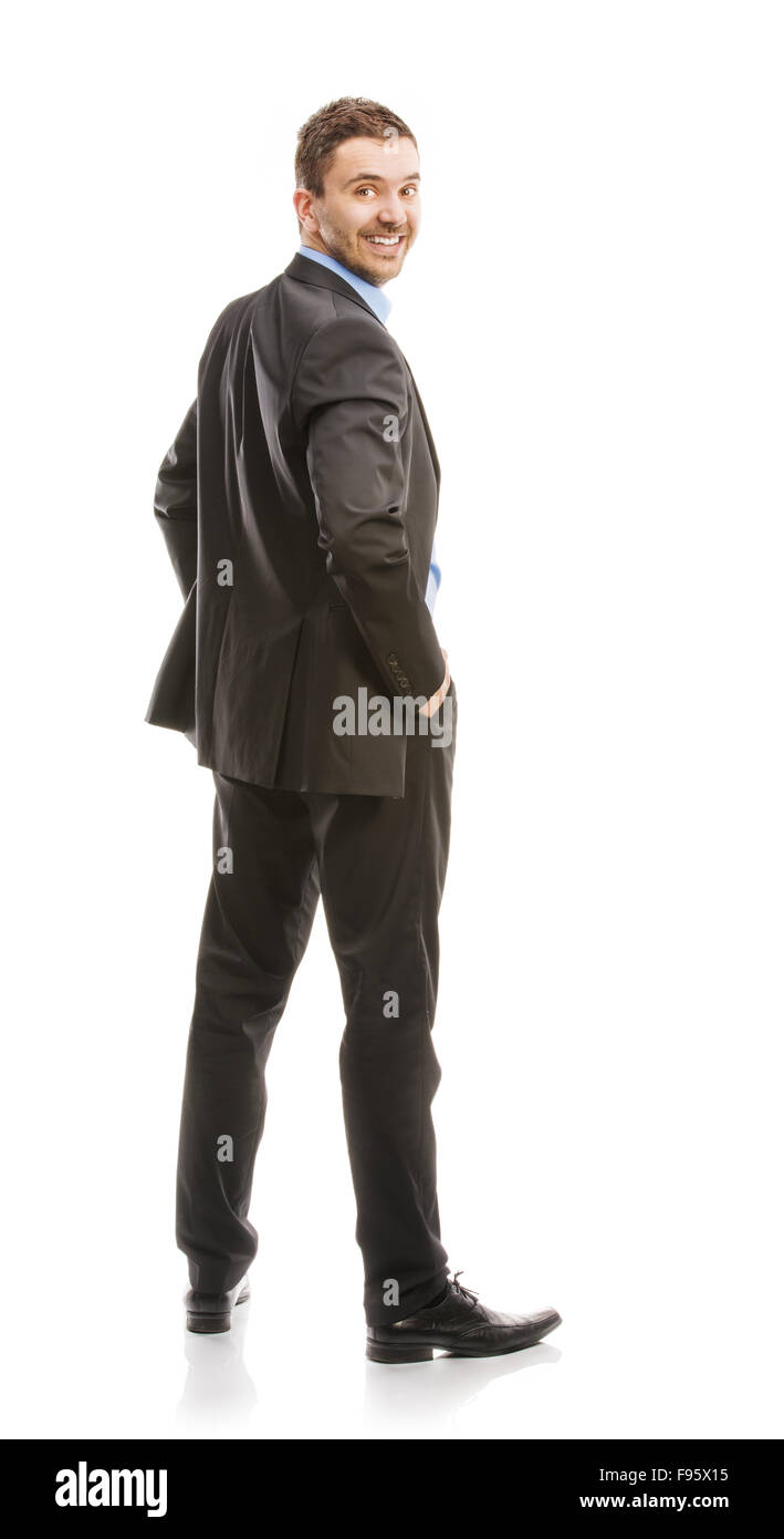 Erfolgreicher Geschäftsmann im Anzug posiert im Studio isoliert auf weißem Hintergrund. Ganzkörper-Porträts. Stockfoto