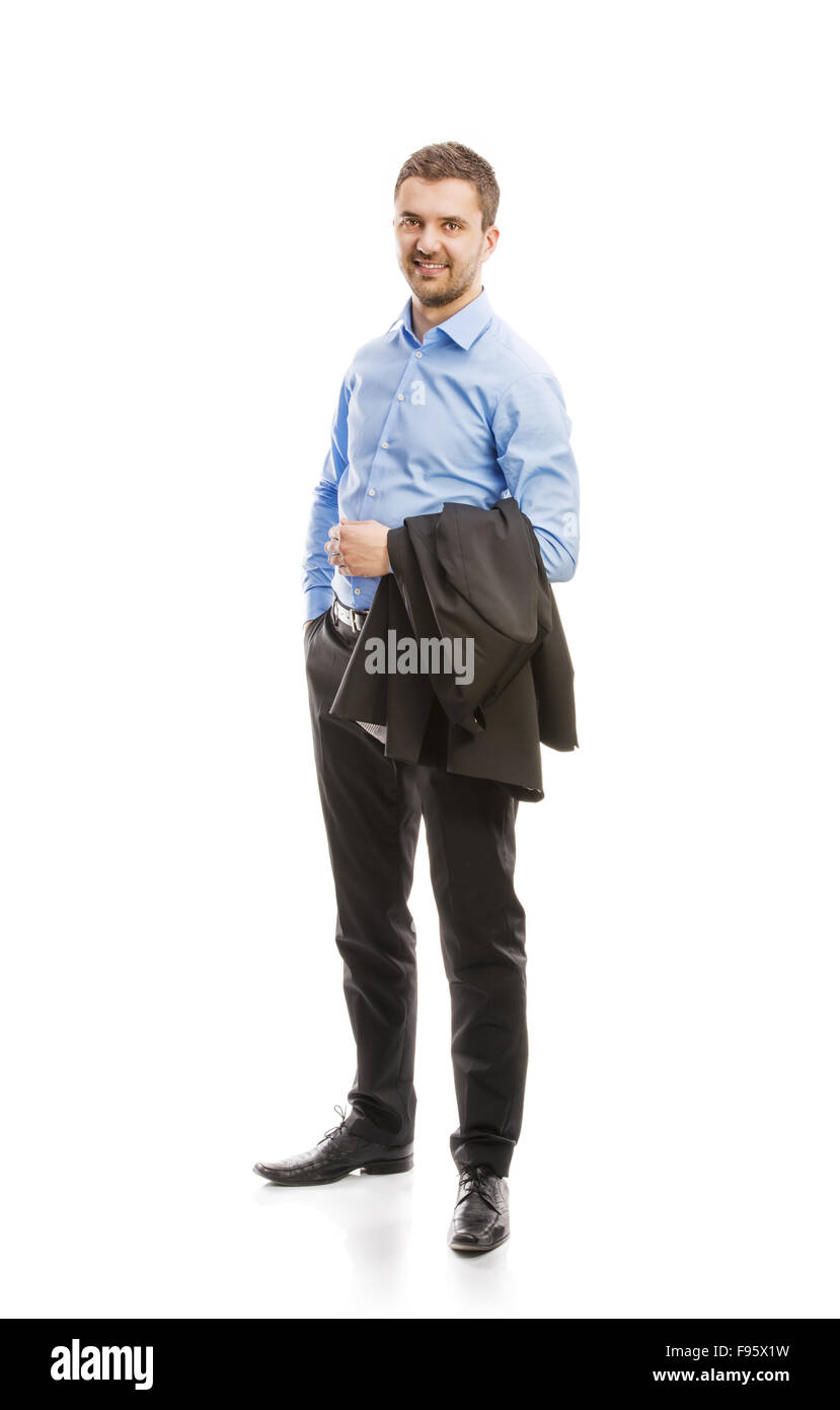 Erfolgreicher Geschäftsmann im Anzug posiert im Studio isoliert auf weißem Hintergrund. Ganzkörper-Porträts. Stockfoto
