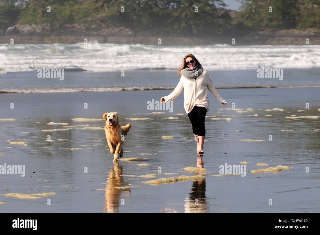 Eine junge Frau und ihr Hund (Golden Retriever) mit einem Ball auf Chesterman Beach in der Nähe von Tofino, BC laufen. Stockfoto