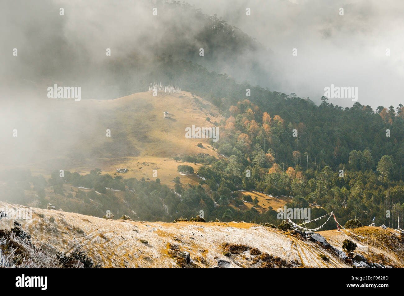 Gebetsfahnen signalisieren die Möglichkeit, eine Grabstätte der Himmel über dem Bumdra, Bhutan Stockfoto