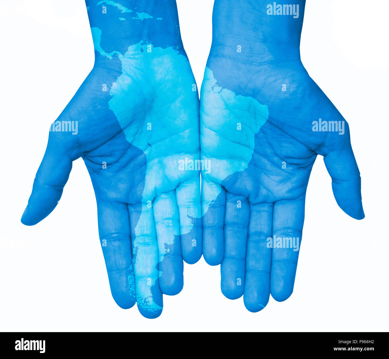 Hände mit Südamerika, Karte von Südamerika gezeichnet. Die Welt in Ihren Händen, weißer Hintergrund Stockfoto