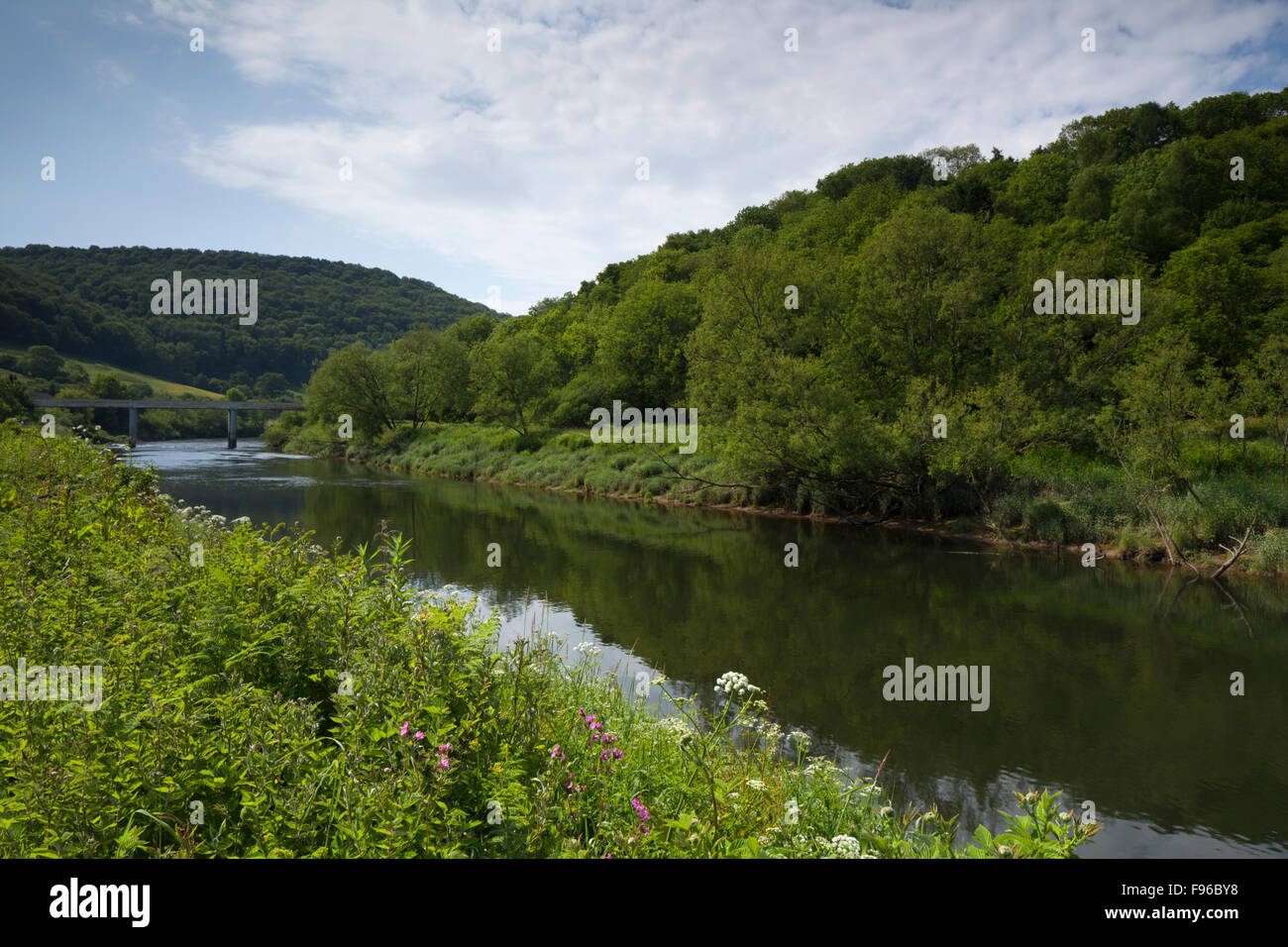 Neben dem Fluss Wye mit Brockweir Brücke in der Ferne auf der England und Wales Grenze, Brockweir in den Wald des Dekans, Gloucestershire, England Stockfoto