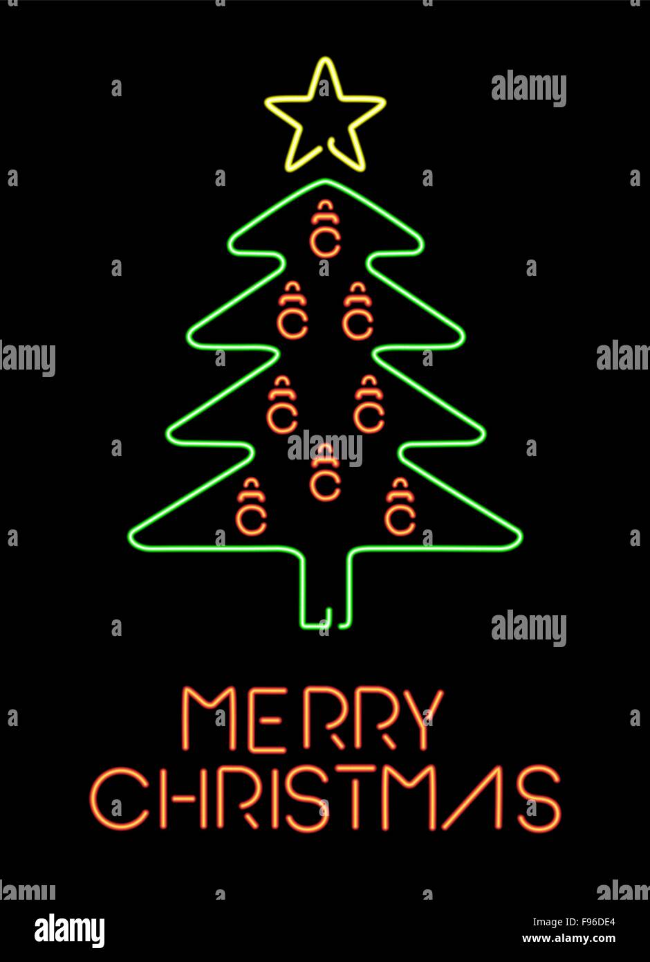 Frohe Weihnachten-Retro-Neon-Design, bunte Weihnachtsbaum Kiefer skizzieren mit Ornament Kugeln und Sterne Dekoration. Ideal für Urlaub Stock Vektor