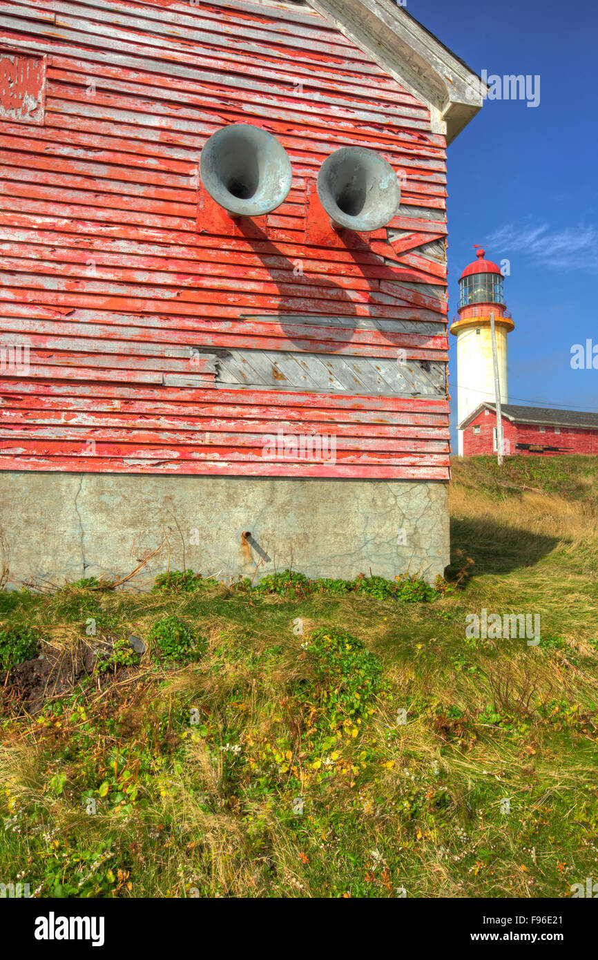 Nebelhörner, Cape Race Leuchtturm National Historic Site, Neufundland, Kanada Stockfoto
