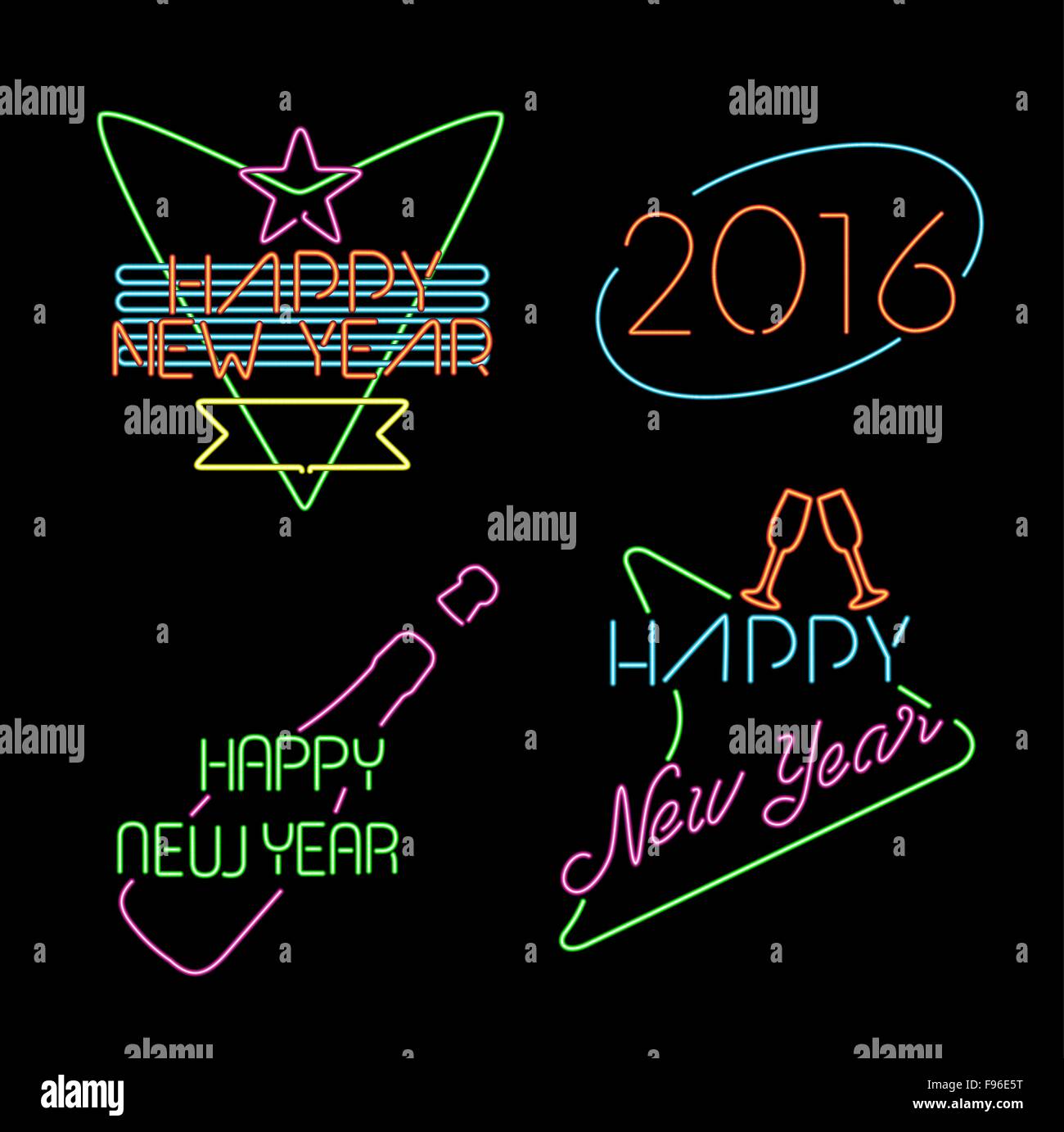 Frohes neues Jahr 2016 Neonlicht Stil Bezeichnung festgelegt, Retro-Designs mit Text und Urlaub Feier-Elementen. EPS10 Vektor. Stock Vektor