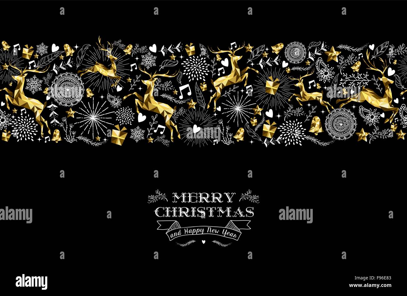 Frohe Weihnachten Frohes neues Label design mit Urlaub Musterdesign, Rentier Silhouette und Xmas-Elemente in gold Farbe Stock Vektor