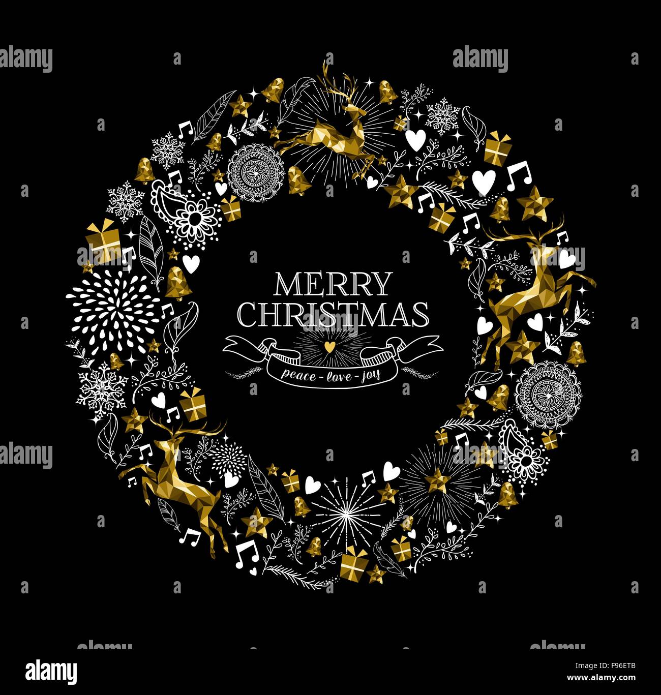 Frohe Weihnachten-Label design mit eleganten Kranz aus gold low-Poly-Rentier-Silhouetten und handgezeichneten Urlaub Elemente hergestellt. Stock Vektor