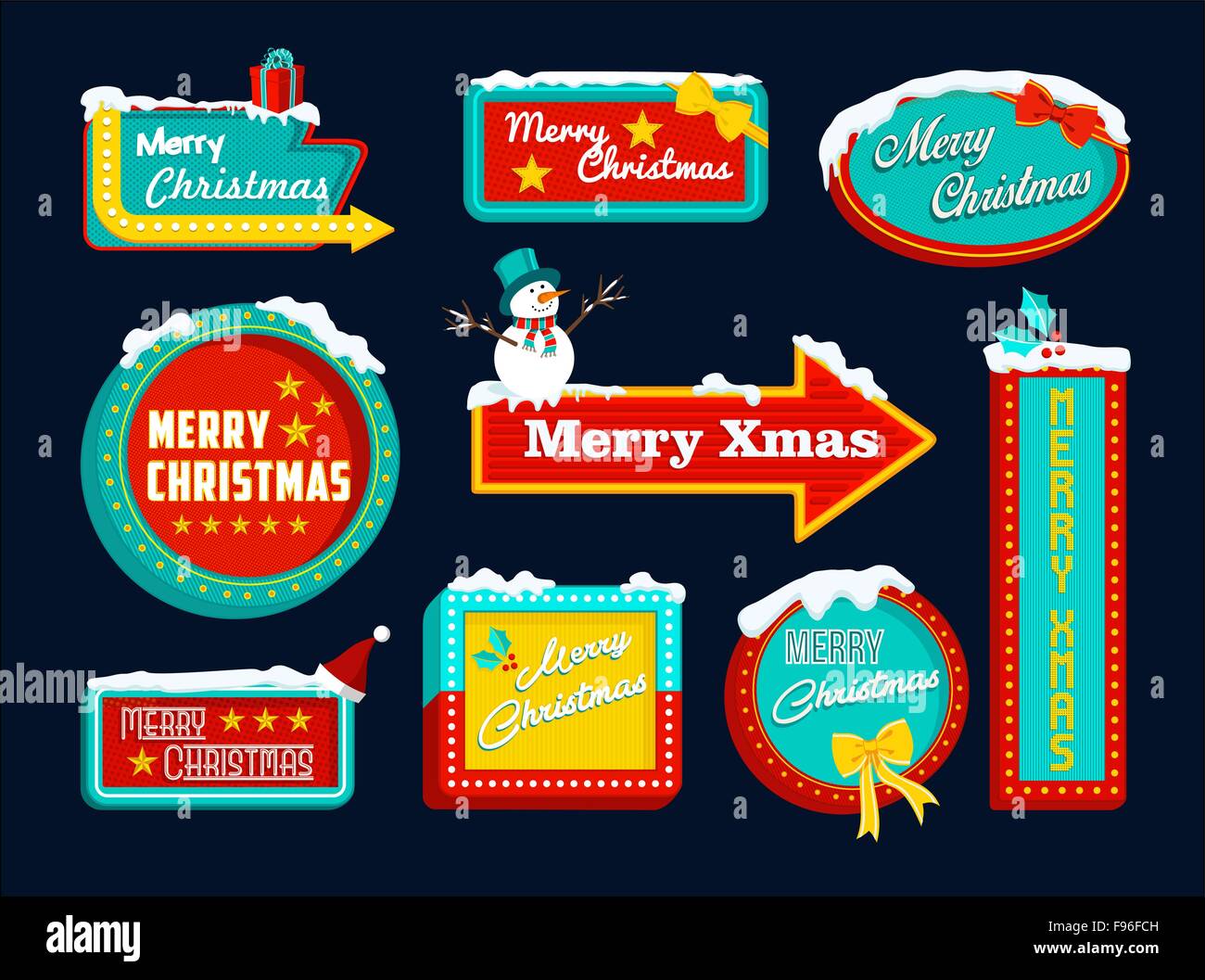 Frohe Weihnachten Set Retro-Schilder mit Schnee und Urlaub Elemente, Schneemann, Geschenk, Mistel. Ideal für Xmas-Zusammensetzung Stock Vektor