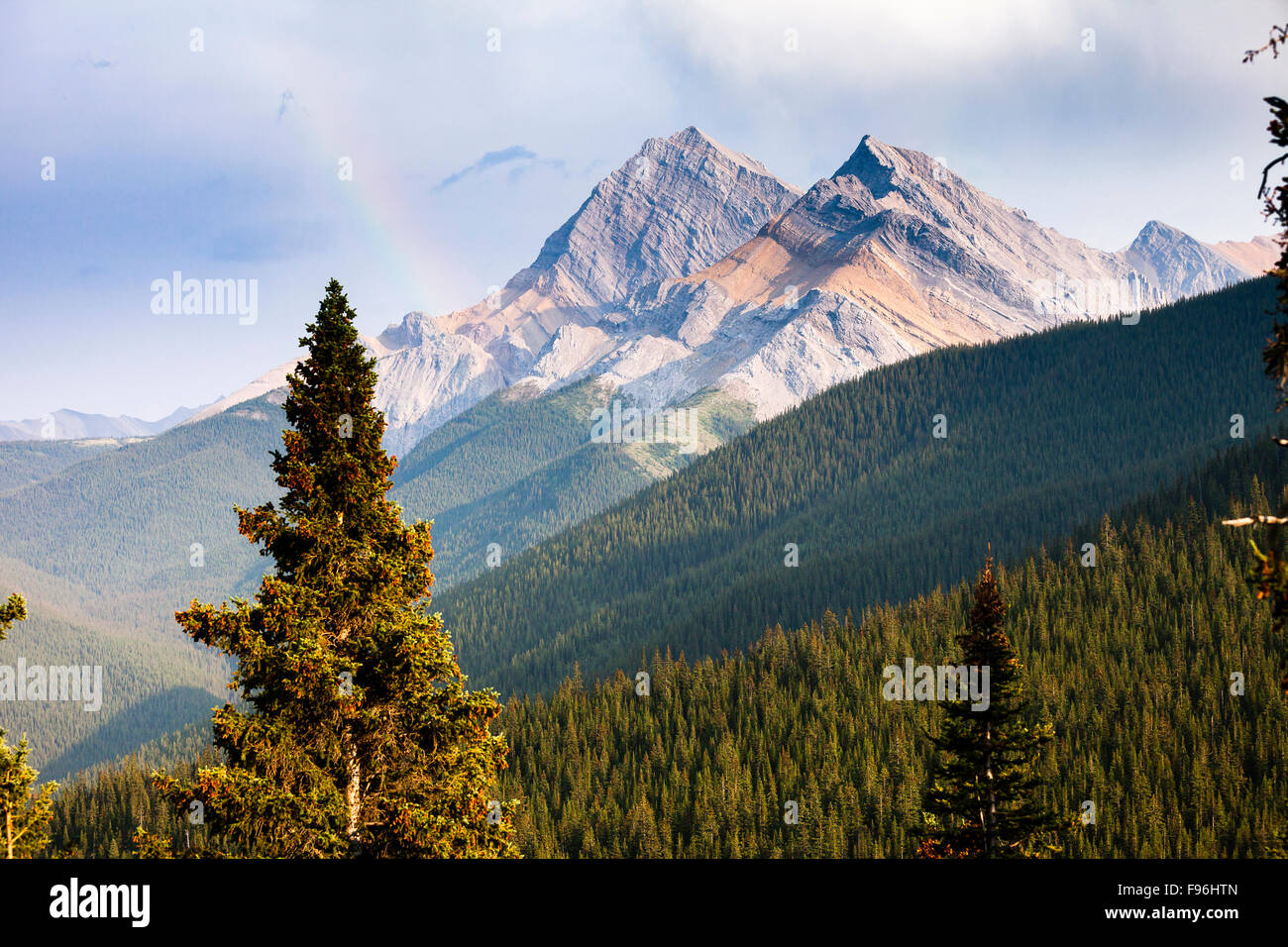 Ein Regenbogen über den Rocky Mountains. Sulphur Skyline Trail, Miette Hotsprings, Jasper Nationalpark, Alberta, Kanada. Stockfoto