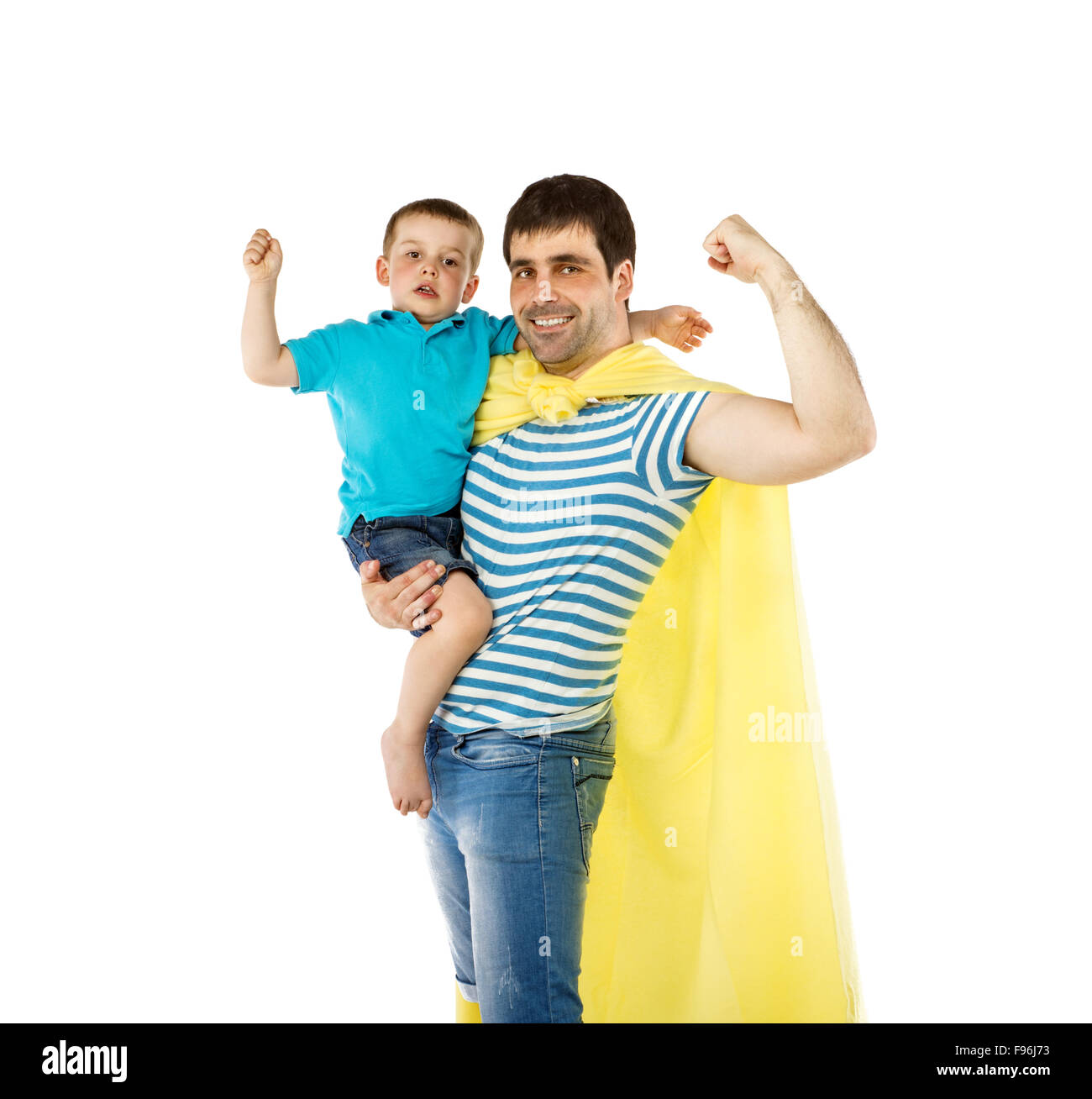 Vater als Held mit seinem Sohn isoliert auf weißem Hintergrund Stockfoto