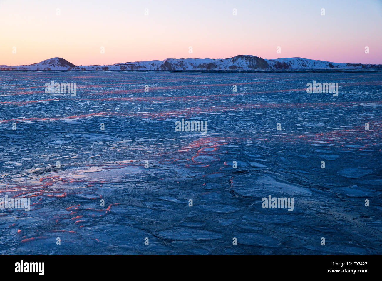 Pfannkuchen Sie-Eis bei Sonnenuntergang, St.-Lorenz-Golf, in der Nähe von Îles De La Madeleine (Magdalen Islands), Quebec, Kanada. Stockfoto