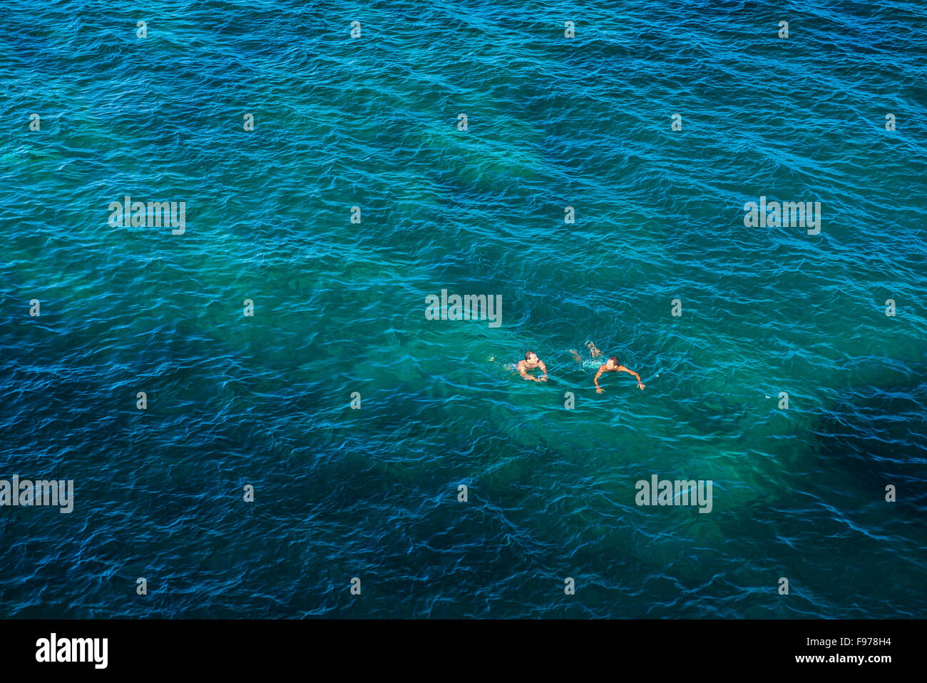 Männer schwimmen Mittelmeer, Blick auf zwei Männer zusammen an einem Sommernachmittag in der Nähe der Strand auf der Insel Ortigia, Syrakus, Sizilien. Stockfoto