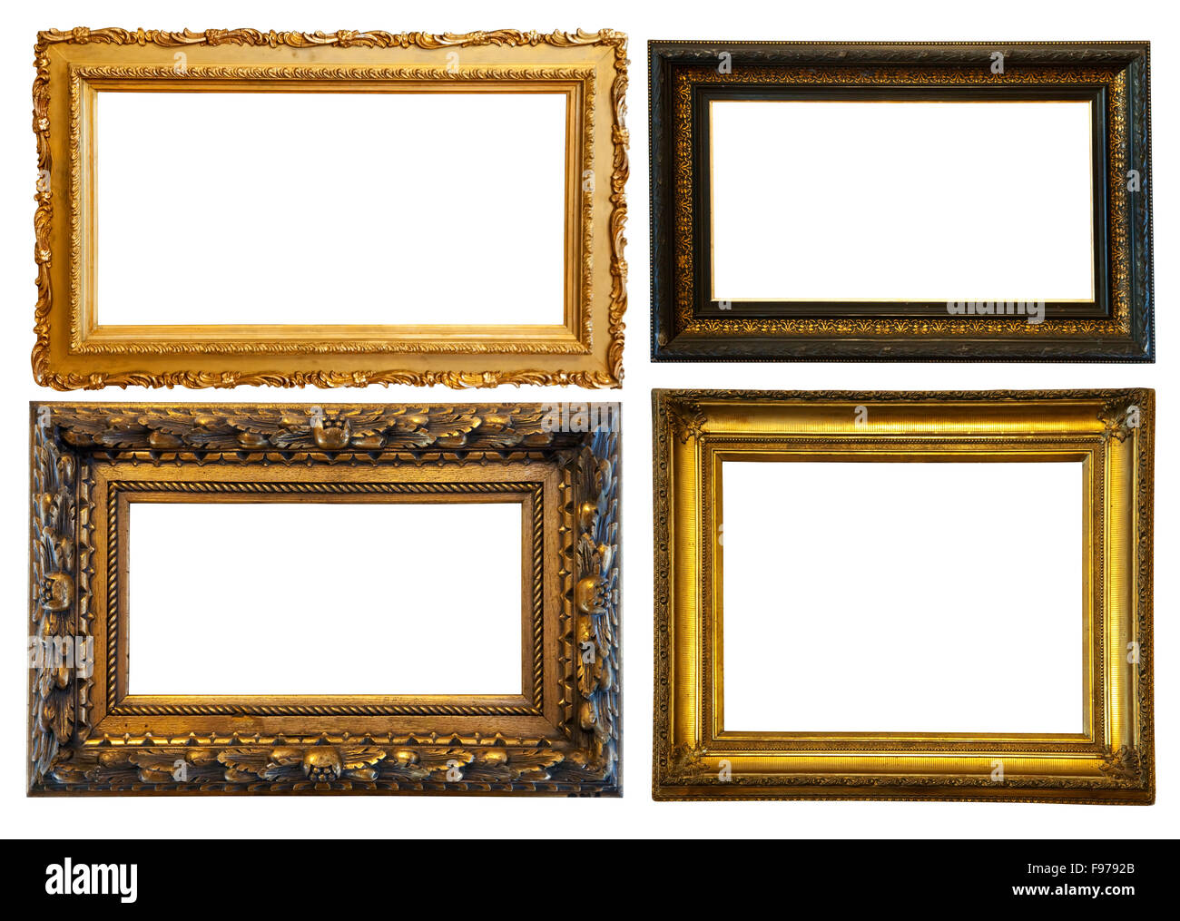 Satz von wenigen horizontal vergoldeten Rahmen. Isoliert auf weißem Hintergrund mit Beschneidungspfad Stockfoto