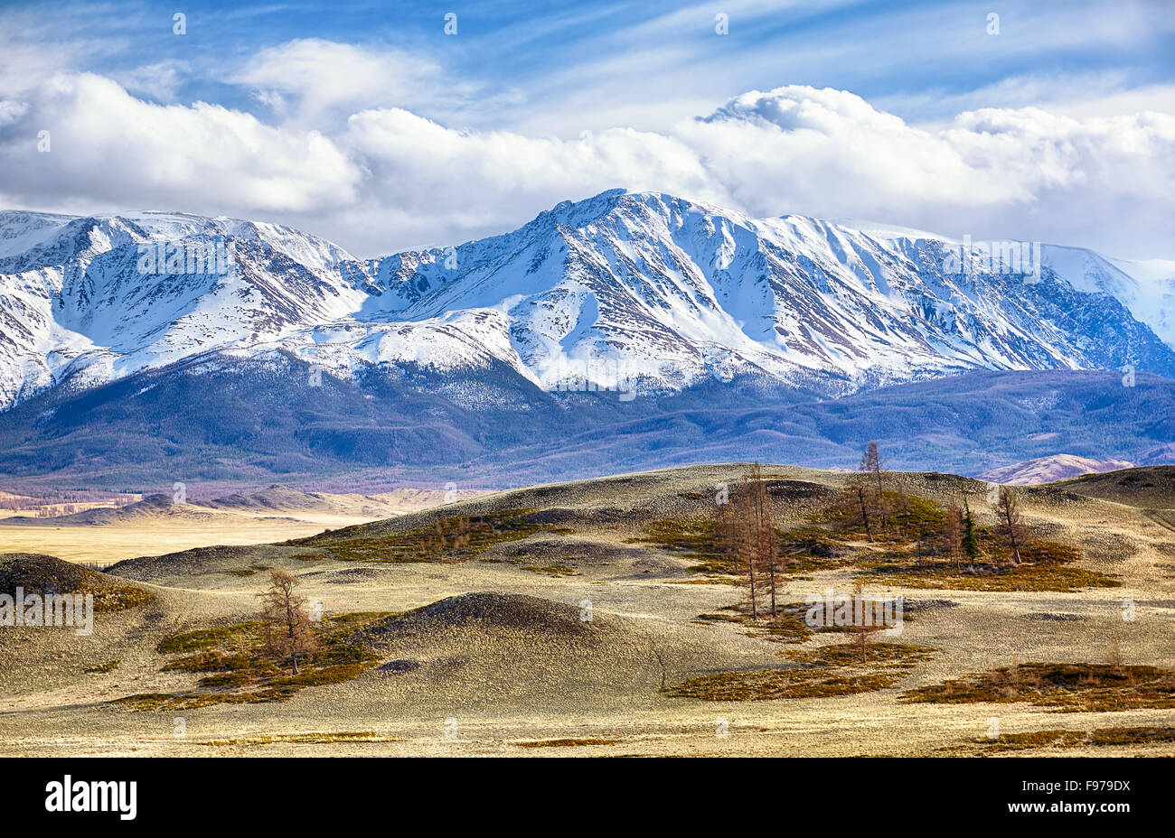 Altai-Gebirge in Kurai Bereich mit Tschujskij Nordgrat auf Hintergrund. Stockfoto