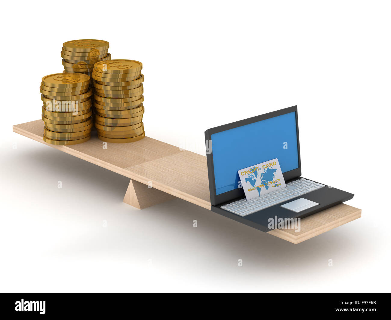 Vergleich von e-Commerce und Bargeld. Isolierte 3D-Bild Stockfoto
