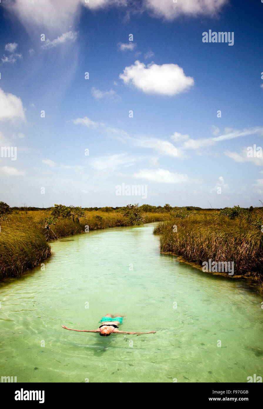 SIAN KA-EIN BEWAHREN, HALBINSEL YUCATAN, MEXIKO. Eine junge Frau schwimmt auf dem Rücken in einem blaugrün gefärbte Kanal fließt zwischen riesigen Sümpfen. Stockfoto