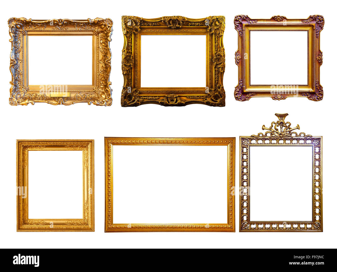 Satz von wenigen Luxus vergoldeten Rahmen. Isoliert auf weißem Hintergrund mit Beschneidungspfad Stockfoto