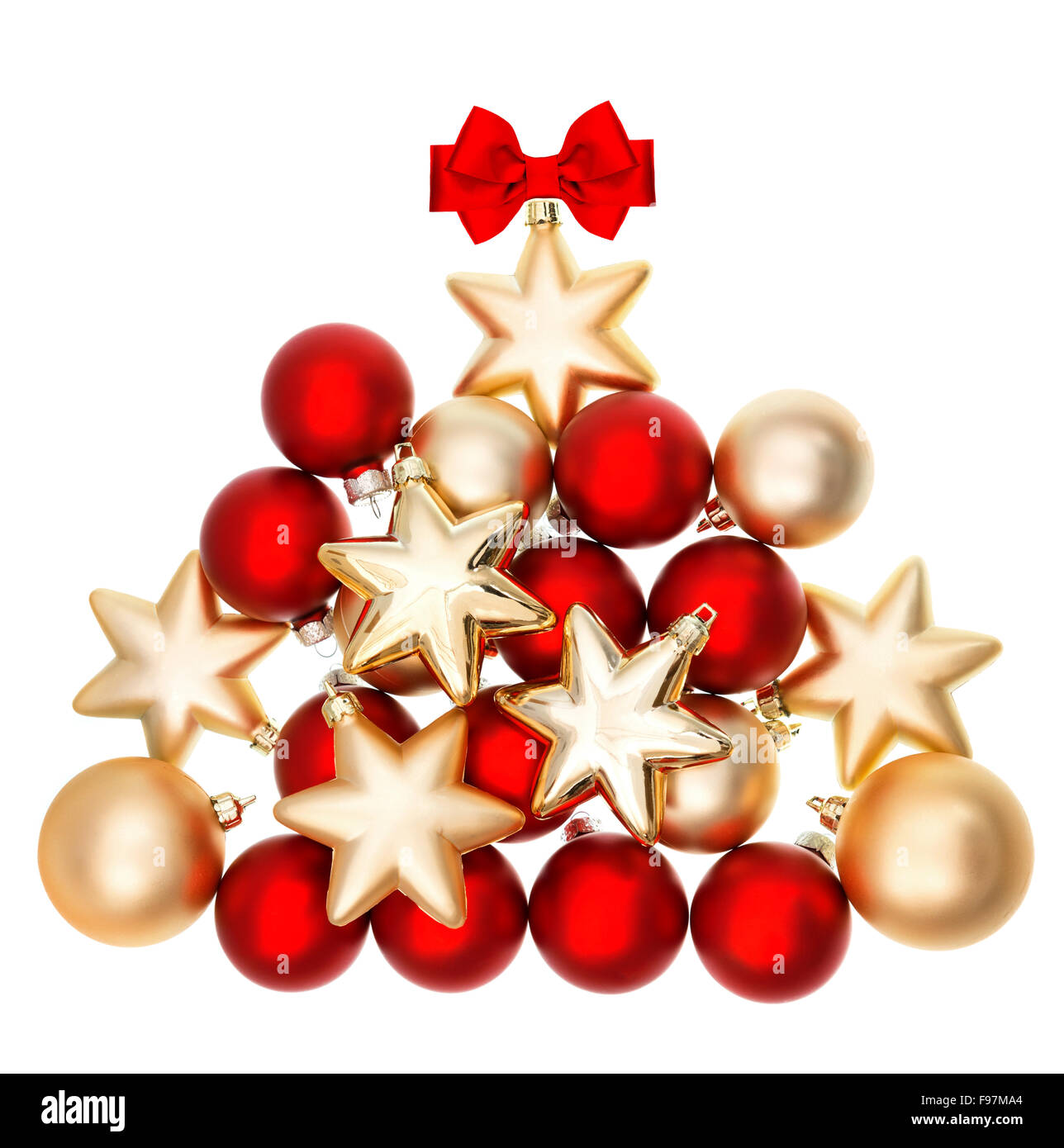 Glänzende Bubles geformt Weihnachtsbaum. Rote und goldene Kugeln auf weißem Hintergrund Stockfoto