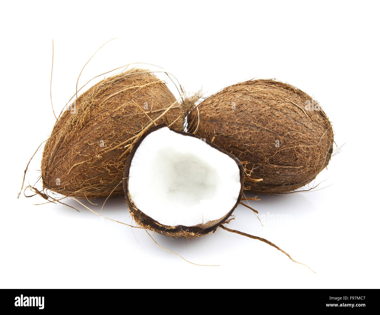 Kokosnüsse auf weißem Hintergrund Stockfoto