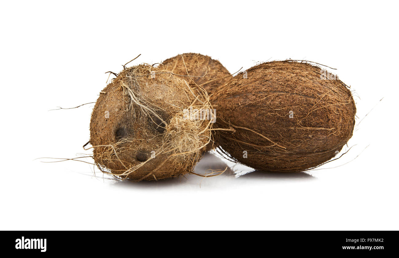 Kokosnüsse auf weißem Hintergrund Stockfoto