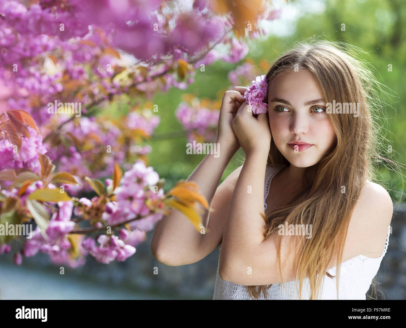 Schöne Mädchen im Frühlingsgarten unter den blühenden Bäumen mit rosa Blüten Stockfoto