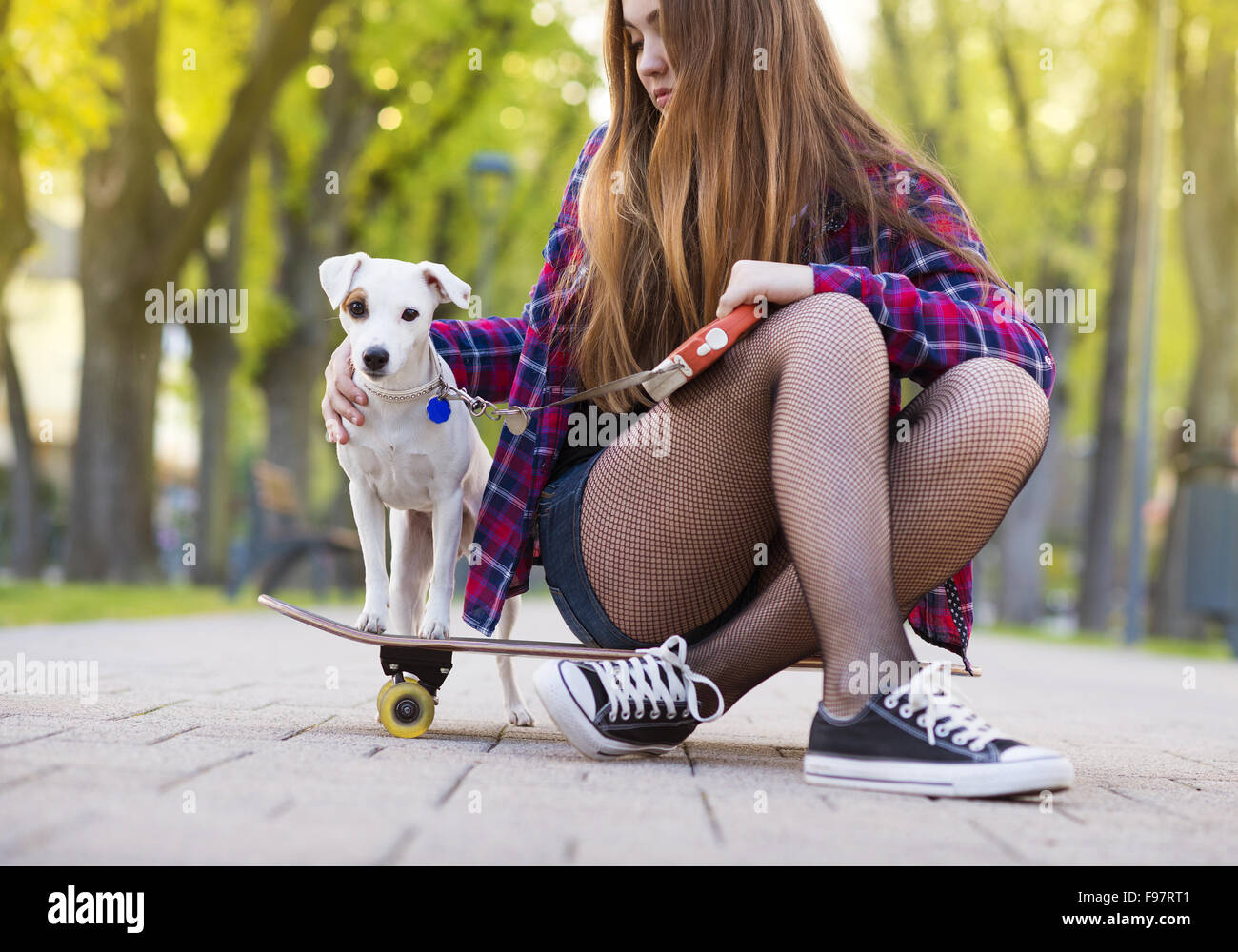 Teenager-Mädchen auf Skateboard mit ihrem Hund Stockfoto