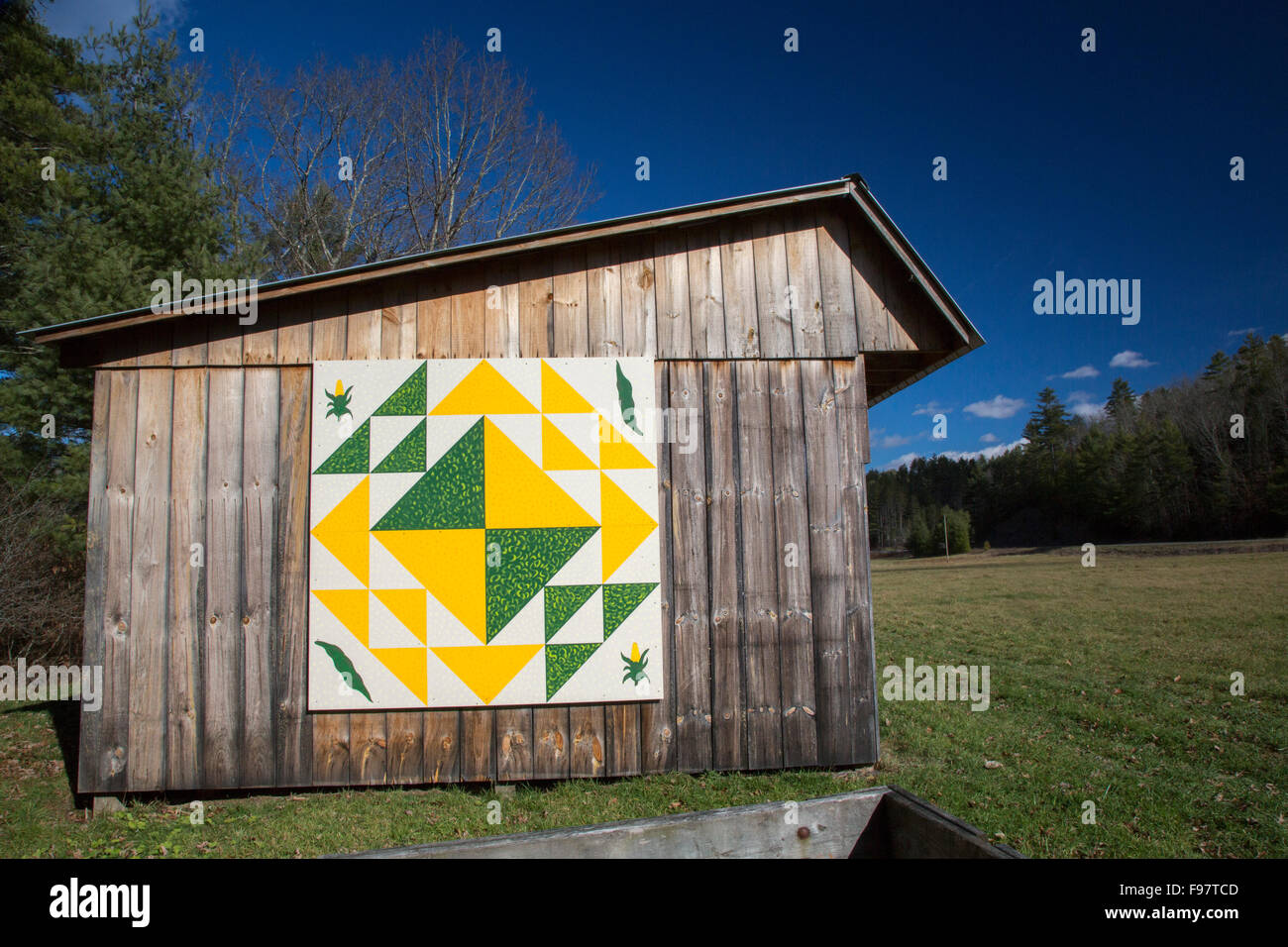Rimel, West Virginia - Mais & Bohnen, ein Quilt-Muster auf einem Schuppen in Pocahontas County. Stockfoto