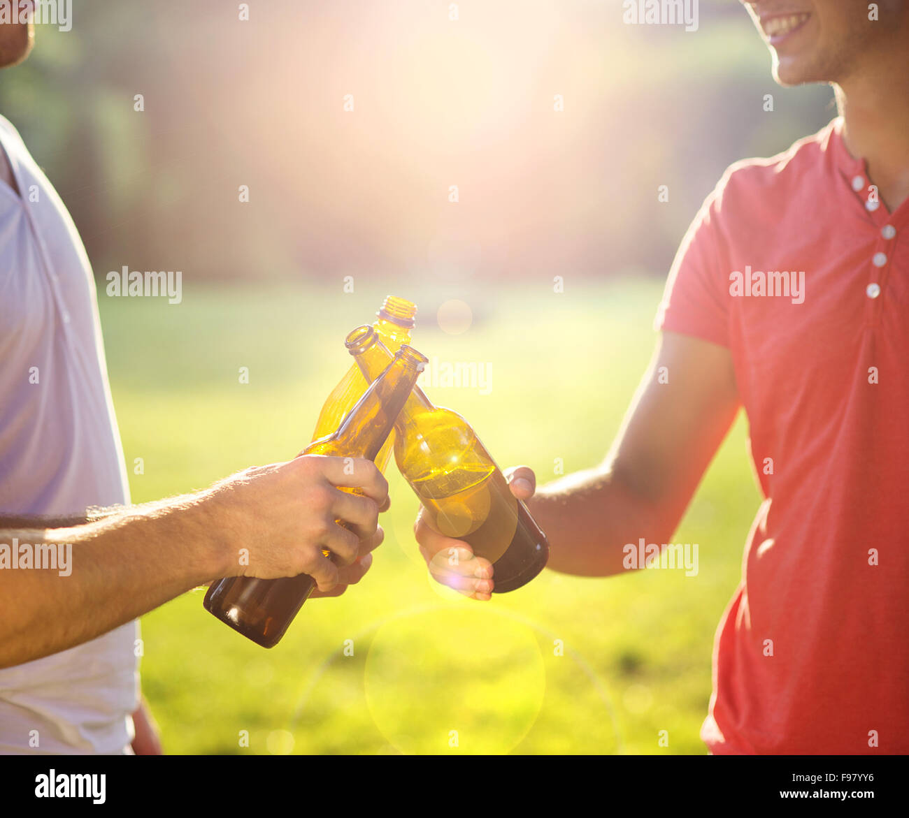 Hände von Männern Clinnking Bierflaschen im park Stockfoto