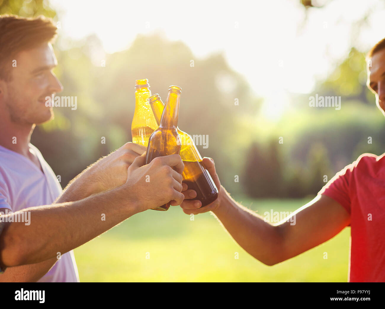 Hände von Männern Clinnking Bierflaschen im park Stockfoto