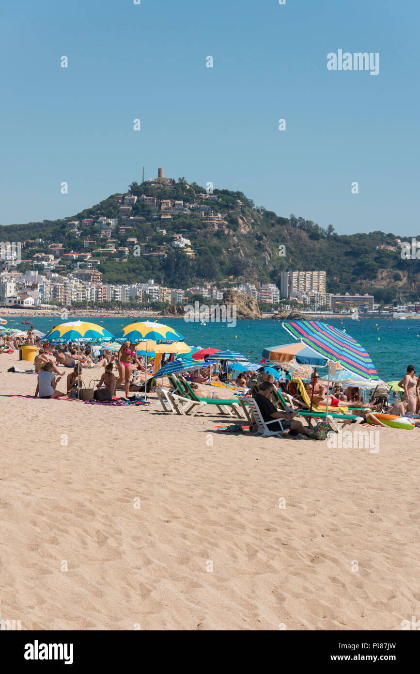 Strand und Promenade anzeigen, Platja de S'Abanell, Blanes, Costa Brava, Provinz Girona, Katalonien, Spanien Stockfoto