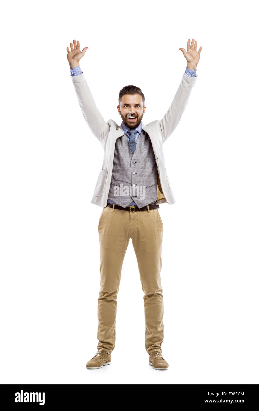 Studioaufnahme der moderne Hipster Geschäftsmann mit Hände hoch, isoliert auf weißem Hintergrund Stockfoto