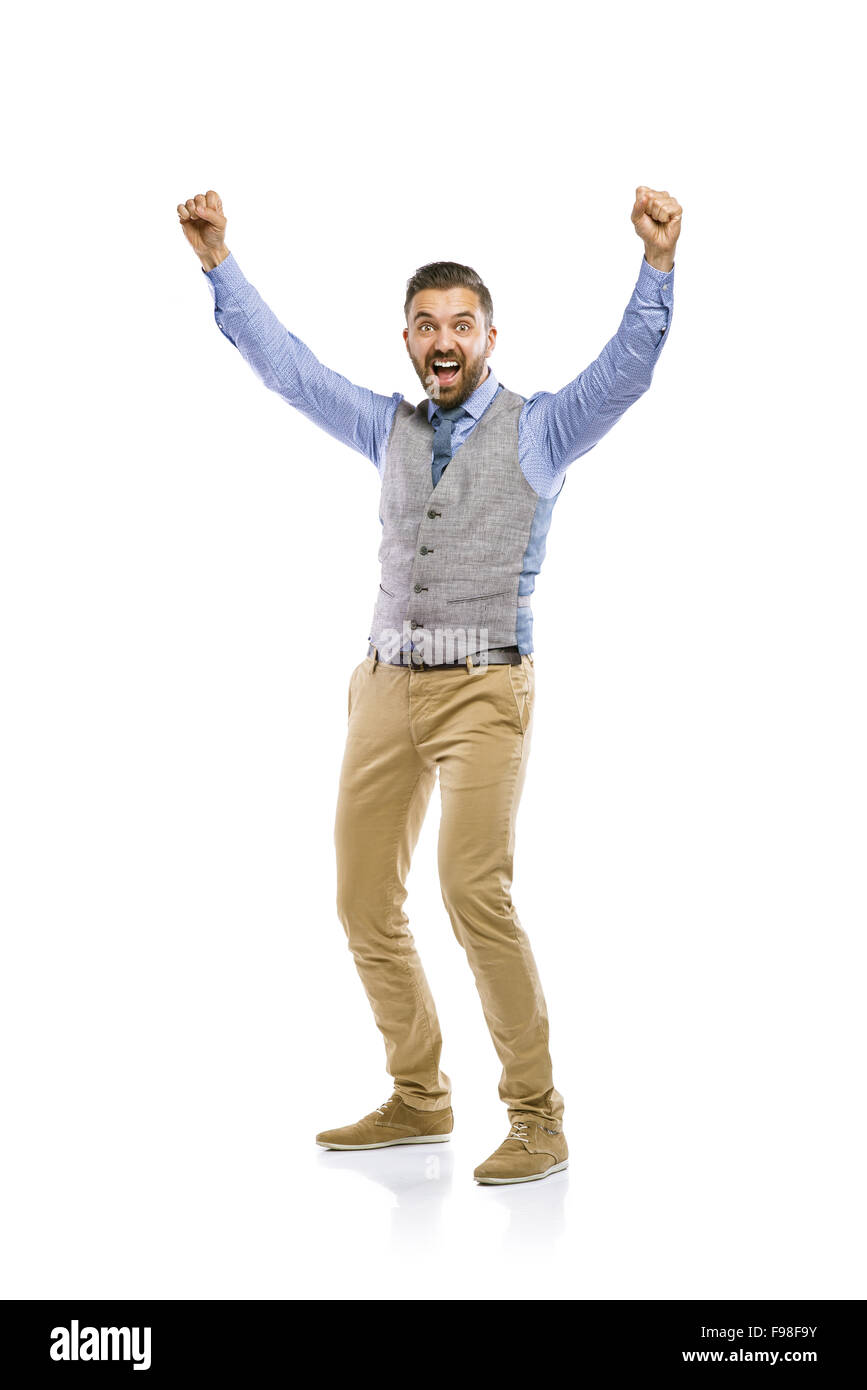 Studio shot der moderne Hipster Geschäftsmann feiert seinen Geschäftserfolg, isoliert auf weißem Hintergrund Stockfoto